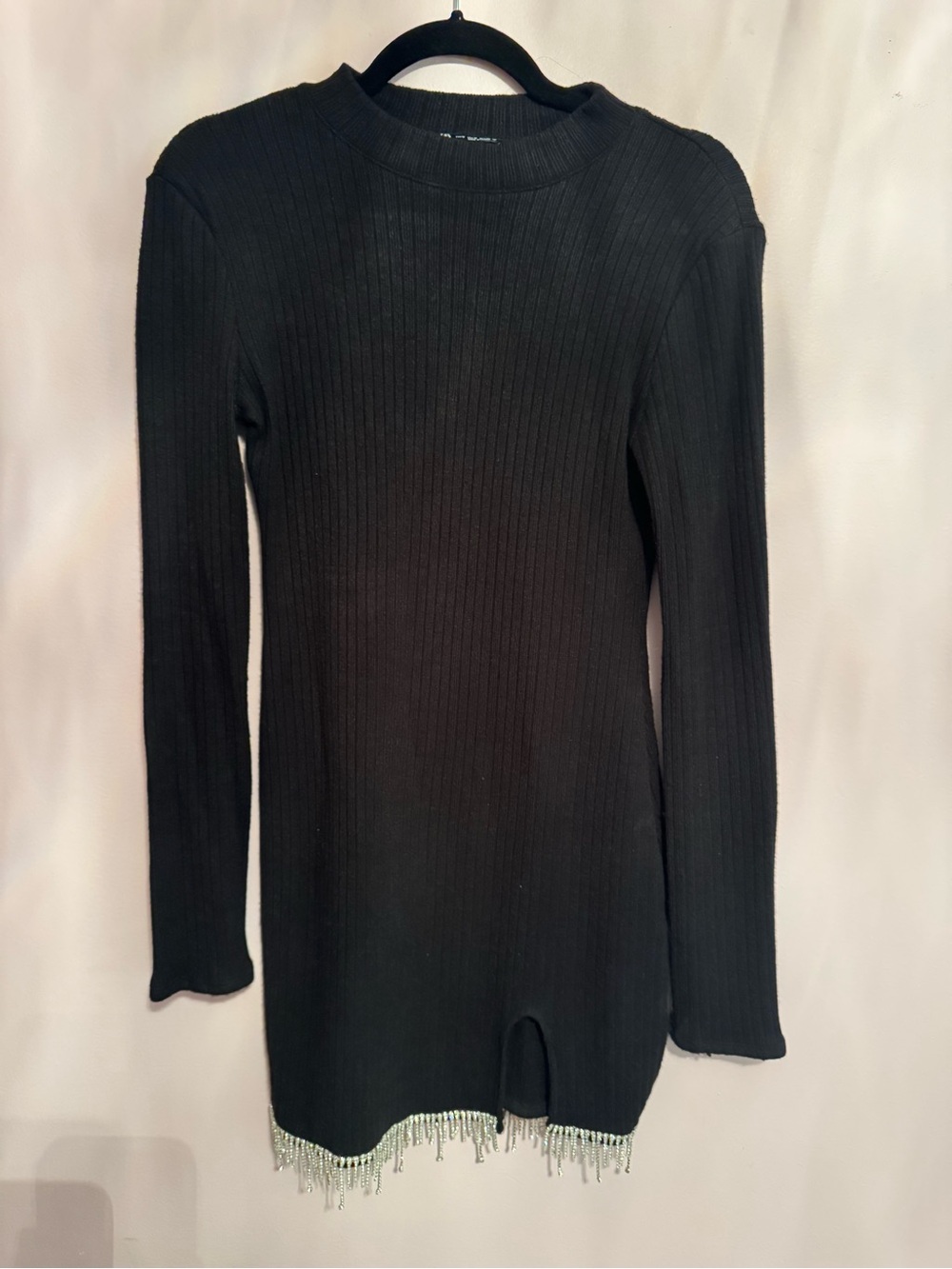 ZARA Black Ribbed Long-Sleeve Sweater Top with Fringe